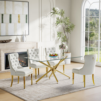 Ensemble de salle à manger moderne 5 pièces - Table rectangulaire en verre avec base en miroir en métal et 4 chaises rembourrées en velours