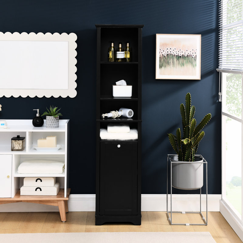 Bathroom Storage With 4 Adjustable Shelves & Laundry Hamper - For Home Cabinet Small Spaces Hidden, Black