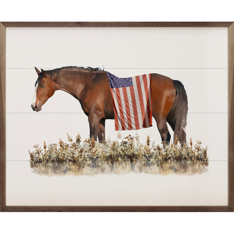 Cheval avec drapeau américain, H 16 po x l 20 po
