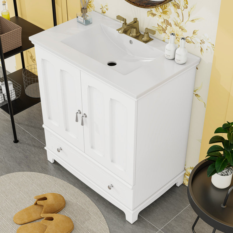 Meuble-lavabo de salle de bain avec lavabo en céramique, tablette réglable et tiroir, Blanc