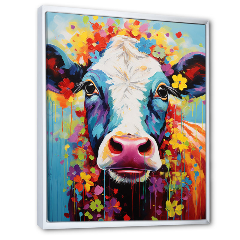 Vache fantaisie - art mural, H 32 po x l 24 po x P 1 po, Cadre flottant blanc