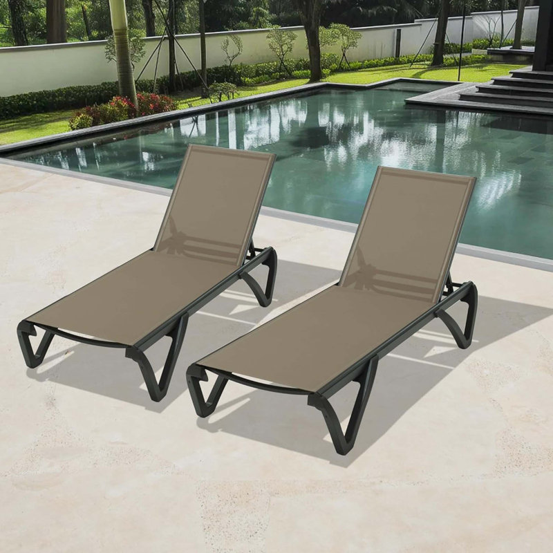 Pool Lounge Chairs Set of 2, Aluminum Patio Chaise Lounge with Wheels, 5 Position Adjustable, All Weather Outdoor Lounge Chairs for Beach, Yard, Balcony, Poolside