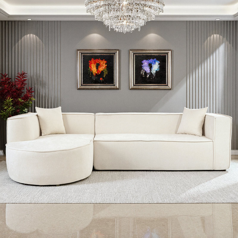 109" Modern Curved L-Shape Sectional Sofa | Wrinkle-Resistant Chenille, High-Density Foam + Pocket Springs, 2 Throw Pillows, No-Tool Assembly