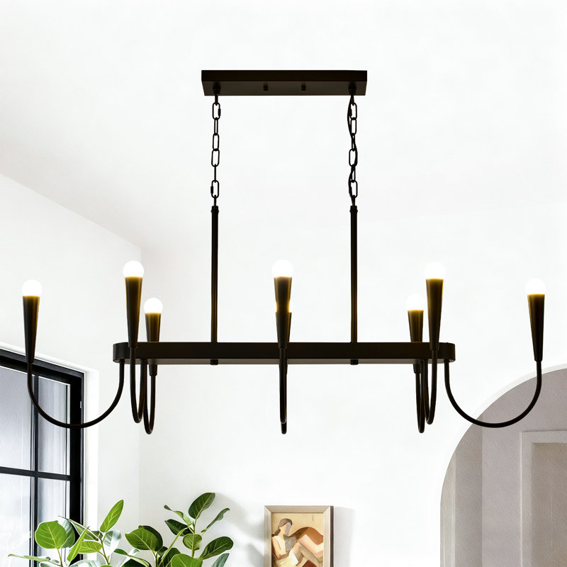 Grand lustre noir de style campagnard, plafonnier rectangulaire à 8 lumières pour îlot de cuisine, chaîne de suspension réglable, E12