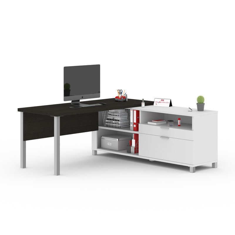 Oriano Office Set with Metal Legs, White/Bark Grey, 2-Piece (Computer Desk, Credenza)