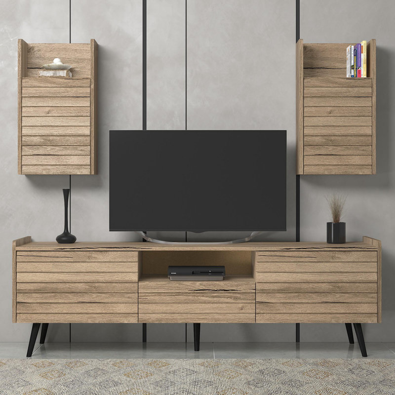 Meuble télé moderne avec de nombreuses tablettes, finition noyer, 70,9 po x 21,7 po x 15,7 po | 100% panneau d'aggloméré et tiroir en panneau de fibres à densité moyenne de 1,0 po avec couvercle | Conception murale, style scandinave pour des salons élégants