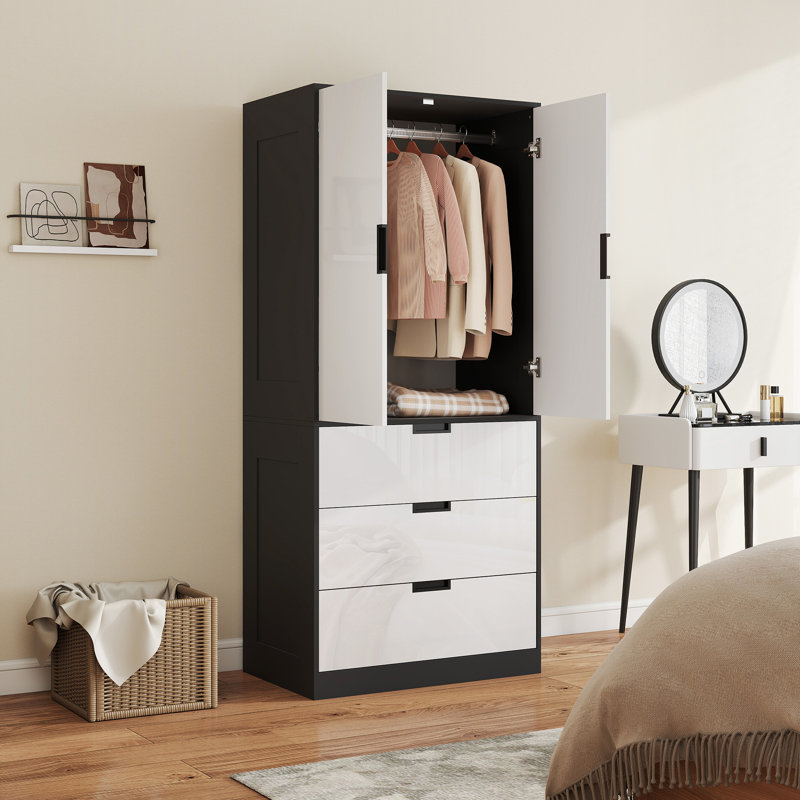 Keiralyn 2 Door Manufactured Wood Wardrobe, Black/High Gloss White