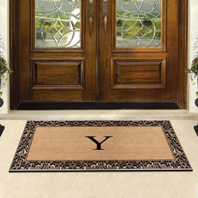 Dyari Natural Coir & Rubber Paisley Border Monogram Non-Slip Door Mat, 30"x60", Bronze, Heavy-Duty Low-Profile Outdoor Front Porch