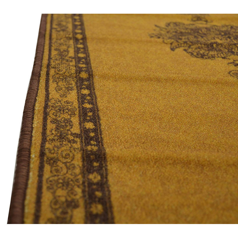 Machine Washable Printed Medallion Mustard Yellow and Black Slip Resistant Area Rug, Rectangle 6'7" x 9'2"