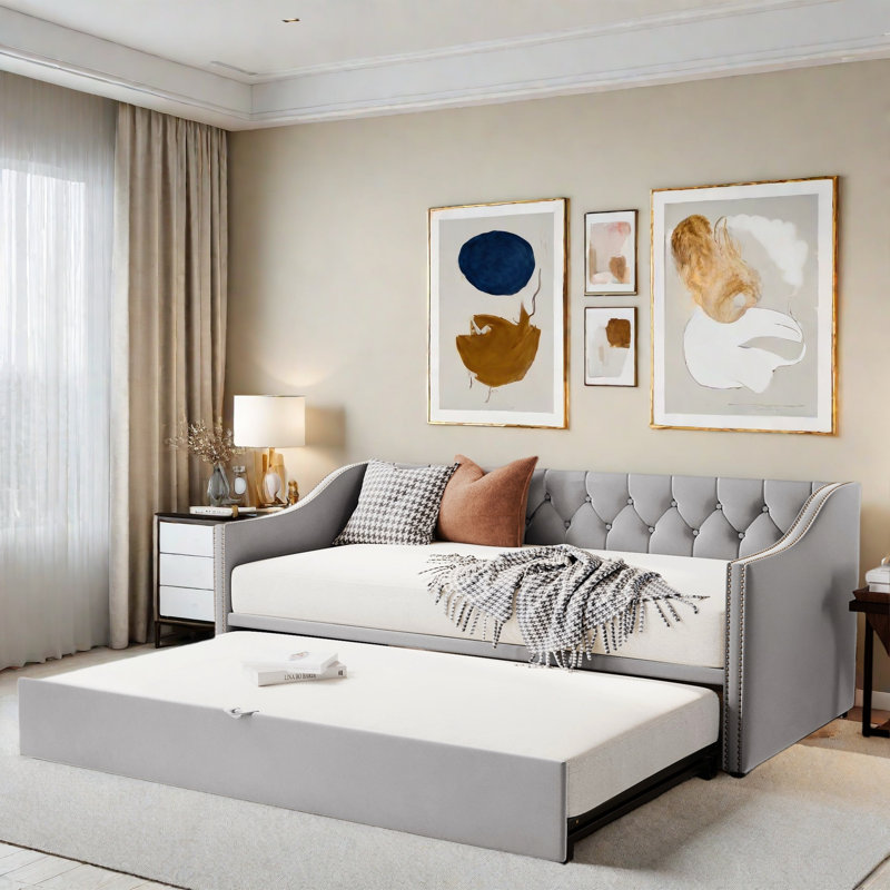 Upholstered Daybed With Pop Up Trundle, Gray