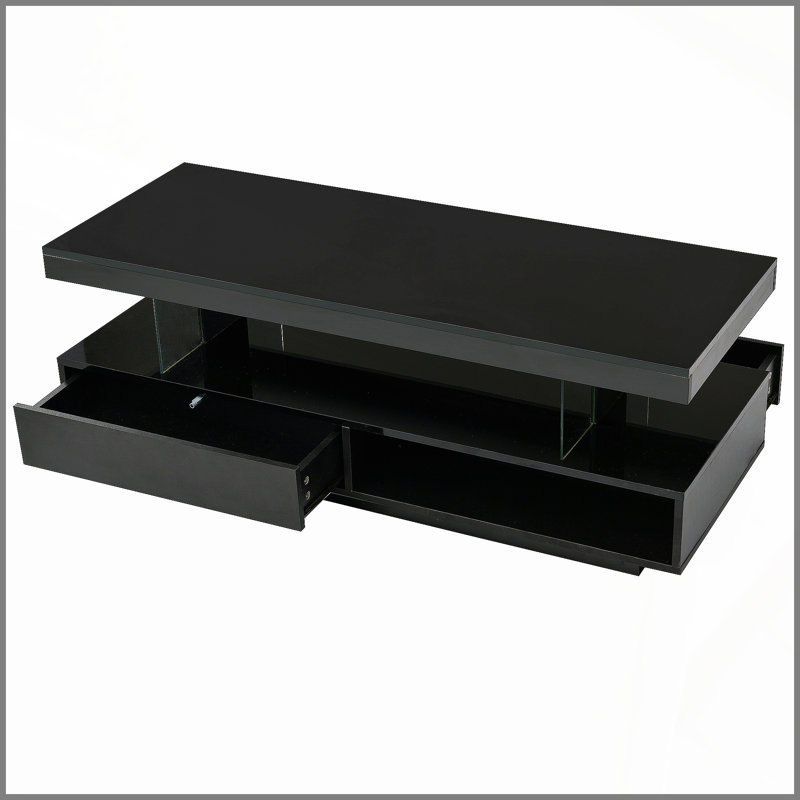 Table basse moderne à DEL avec 2 tiroirs et tablettes, Noir
