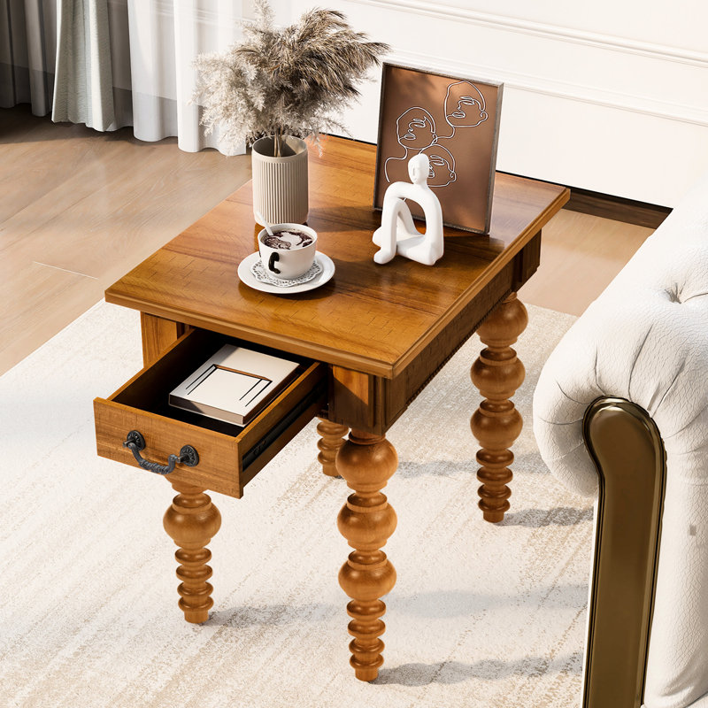 Table de bout vintage étroite en bois massif avec tiroir, côté pour le salon, matériaux naturels de haute qualité, chaleur, conception à bulles sur les pieds, tiroir de rangement en bois naturel et en bois d'hévéa, assemblage rapide, idéal