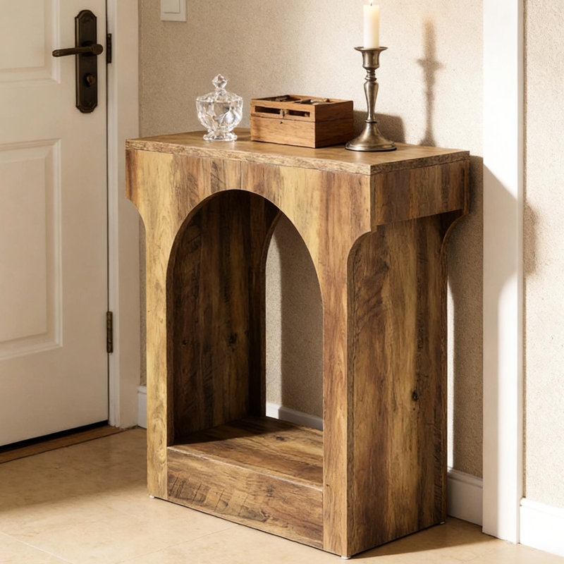 Table de bout arquée rustique à 2 arches, table de couloir en bois de conception Mid-Century, fabrication E1, égratignure et eau, assemblage sans effort du thé en brun, matériau, égratignure, assemblage rapide et facile