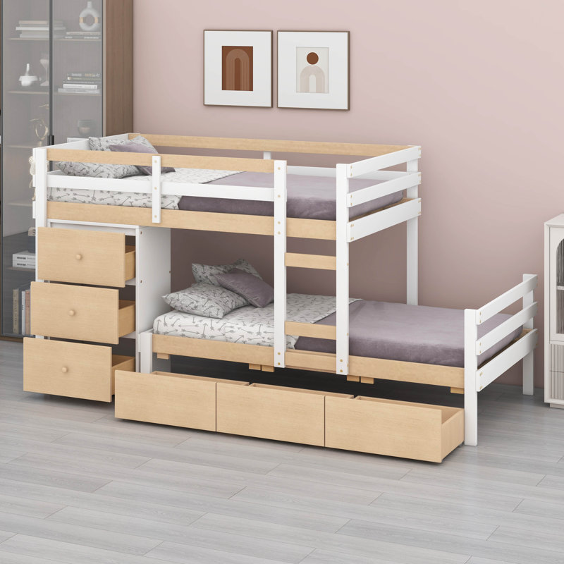 Twin Over Twin Loft Bunk Bed With 6 Drawers And Ladder, Wood Loft Bed Frame With Slats Support And Safety Rail, Natural