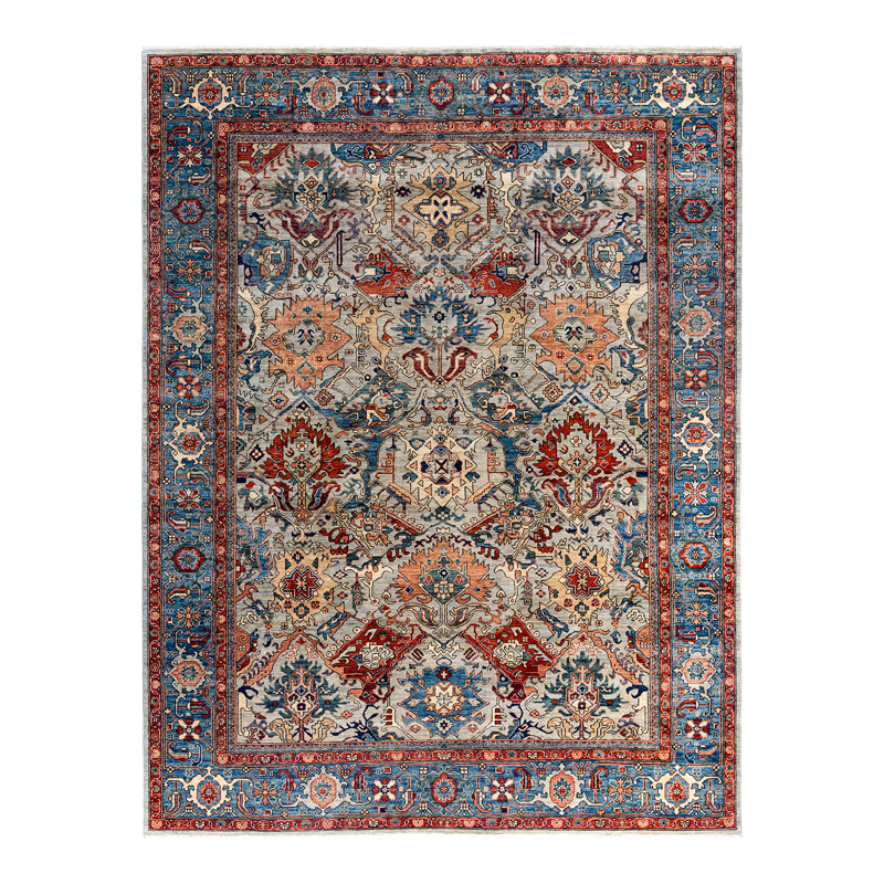 Gray and Multicolor Hand-Knotted Wool Geometric Area Rug, 9' x 11'