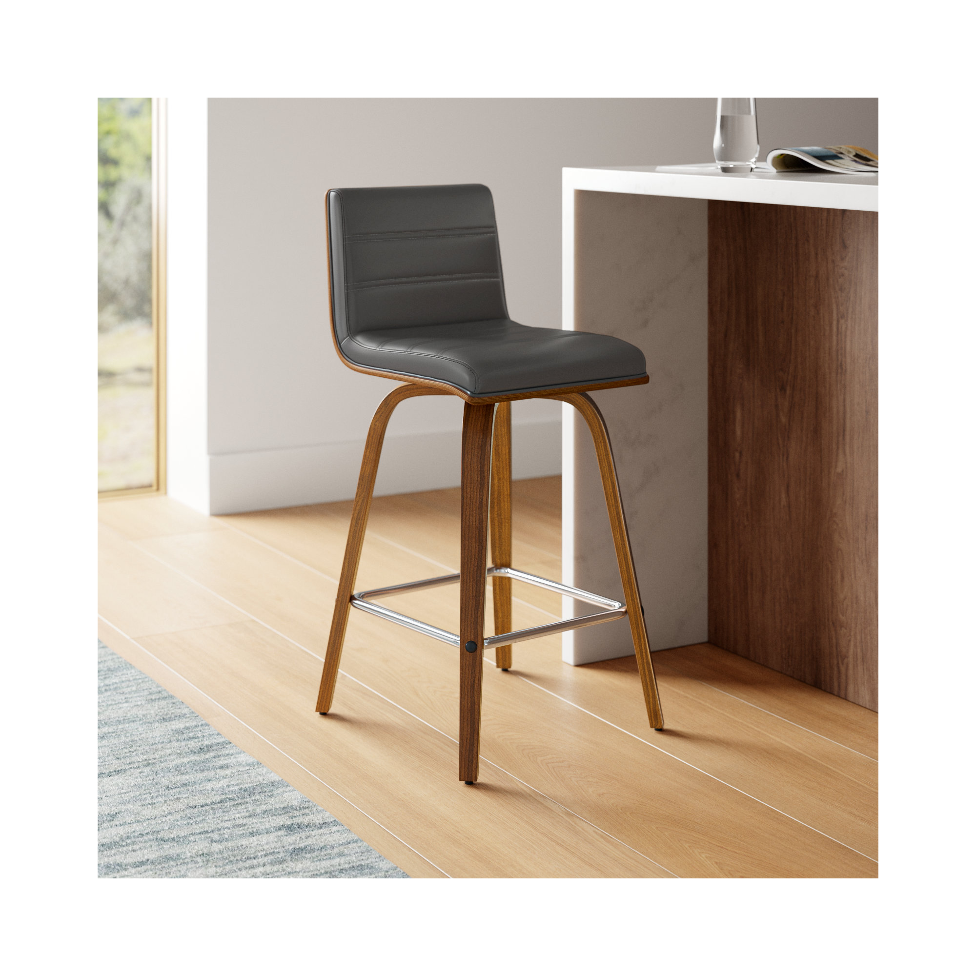 Biance Solid Wood Swivel Bar & Counter Stool, Counter Stool (26" Seat Height), Gray Faux Leather, Walnut