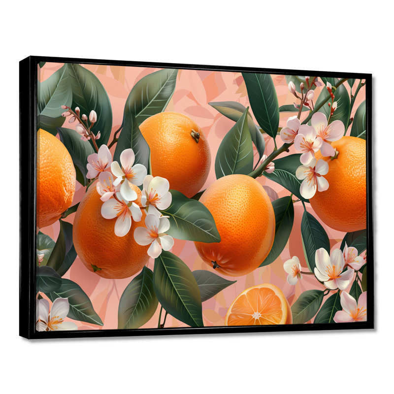Impression d'art mural jaune, rose, floral, orange, arbres IV, Cadre flottant noir, H 30 po x l 40 po