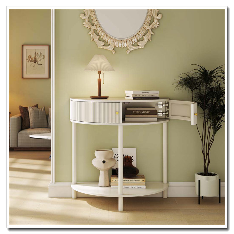 Console Table Half Moon Design End Table With 2 Storage Drawers And Bottom Shelf For Living Room, Bedroom, Study, Hallway
