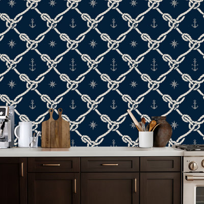 Papier peint adhésif peler et coller en PVC, revêtement mural auto-adhésif amovible avec corde nautique Boucle blanche marine infinie, impression Marine Carrick Bend, imperméable pour la décoration intérieure - Rouleau