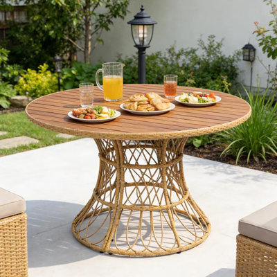 Table de salle à manger d'extérieur durable - plateau rond en bois d'acacia et base en osier, table de patio pour 4 à 6, meubles de jardin (compatibles avec les chaises assorties)
