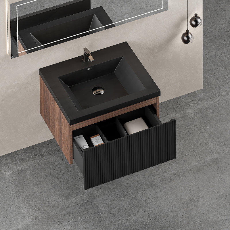 Meuble-lavabo flottant avec lavabo, meuble de rangement mural moderne avec tiroir à fermeture en douceur, idéal pour les salles de bain compactes et fonctionnelles.
