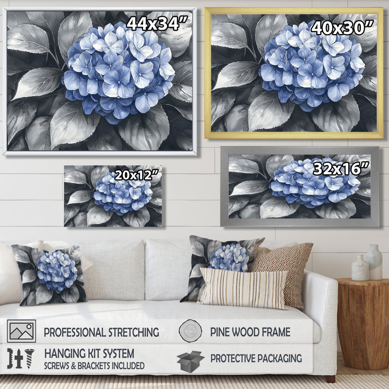 Hydrangée bleue dans un jardin monochrome I - Hortensia, art mural, Impression sur cadre flottant, Argent argent