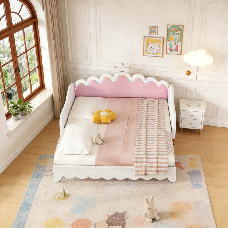 Lit de jour simple à rallonge avec lumières DEL, lit de jour rembourré princesse moderne avec tête de lit couronne, Blanc