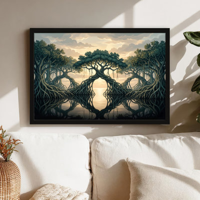 Toile noire encadrée en bois noir pour salon, chambre à coucher, bureau ou vestibule - décoration murale décorative avec forêt mystique