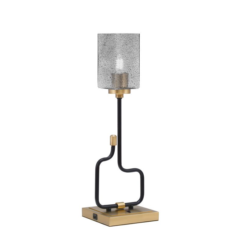 Lampe d'appoint Amarmula, avec ports USB, fini noir mat et laiton vieilli, verre bullé carré de 3,5 po, Doré