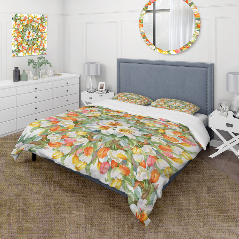 Blooming White and Orange Tulips II - Ensemble de housse de couette traditionnel - Microfibre de polyester