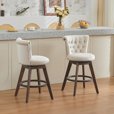 26" Velvet Counter Stools Set of 2 with Swivel & Back Support - Hand-Tufted Button Accent & Wood Legs for Kitchen Island, Breakfast Bar, Beige