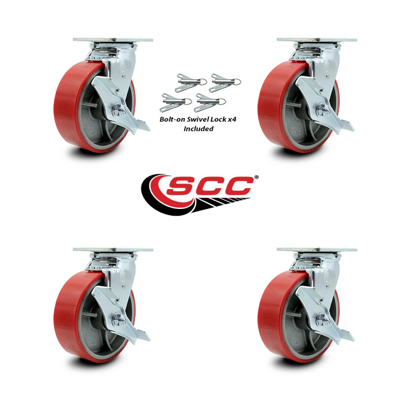 6 Inch  Poly on Cast Iron Caster Set with Ball Bearings and Brake/Swivel Lock/SCC-30CS620-PUB-RS-TLB-BSL-4
