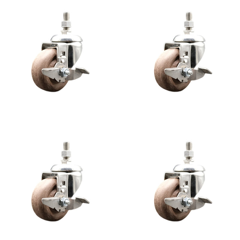 3 Inch 316SS High Temp Glass Filled Nylon ½ Inch Threaded Stem Caster Set Brake