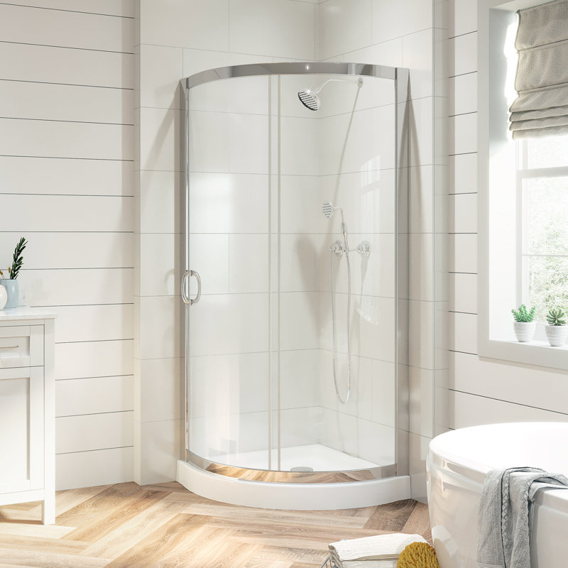 Breeze 33 in. L x 33 in. W x 77 in. H Round Corner Shower Kit in Chrome with Clear Sliding Door and Shower Base Pan (Walls not Included)