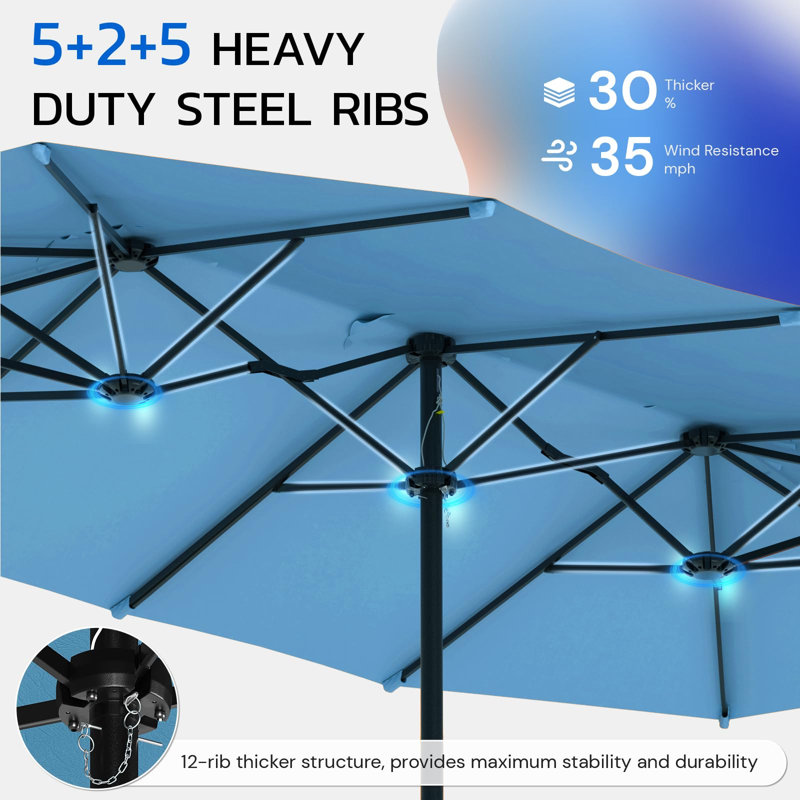 Parasol d'extérieur double face avec base incluse, Bleu