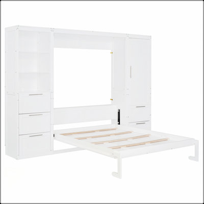 Grand lit escamotable avec placard intégré, tiroirs et tablettes pour une utilisation efficace de l'espace, blanc