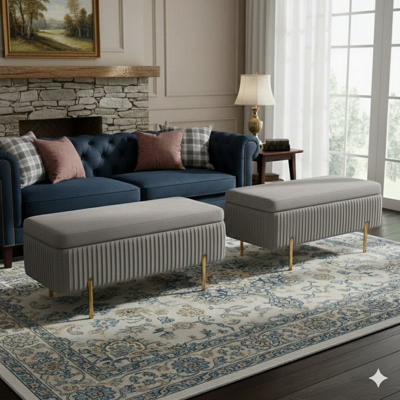 Leaysia Velvet Upholstered Flip Top Storage Bench, Gray