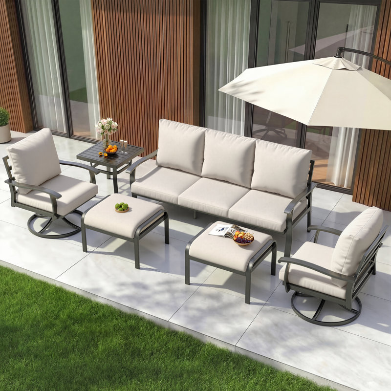 6 PCS Outdoor Metal Conversation Set With 360° Swivel Rocking Chairs, Sofa, &Ottoman For Patio, Garden, Deck Or Poolside