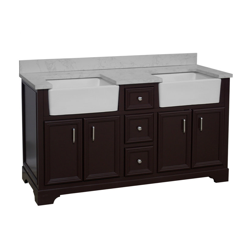 Ensemble de meuble-lavabo double 60 po Emiliano, Chocolat, Carrare d'ingénierie