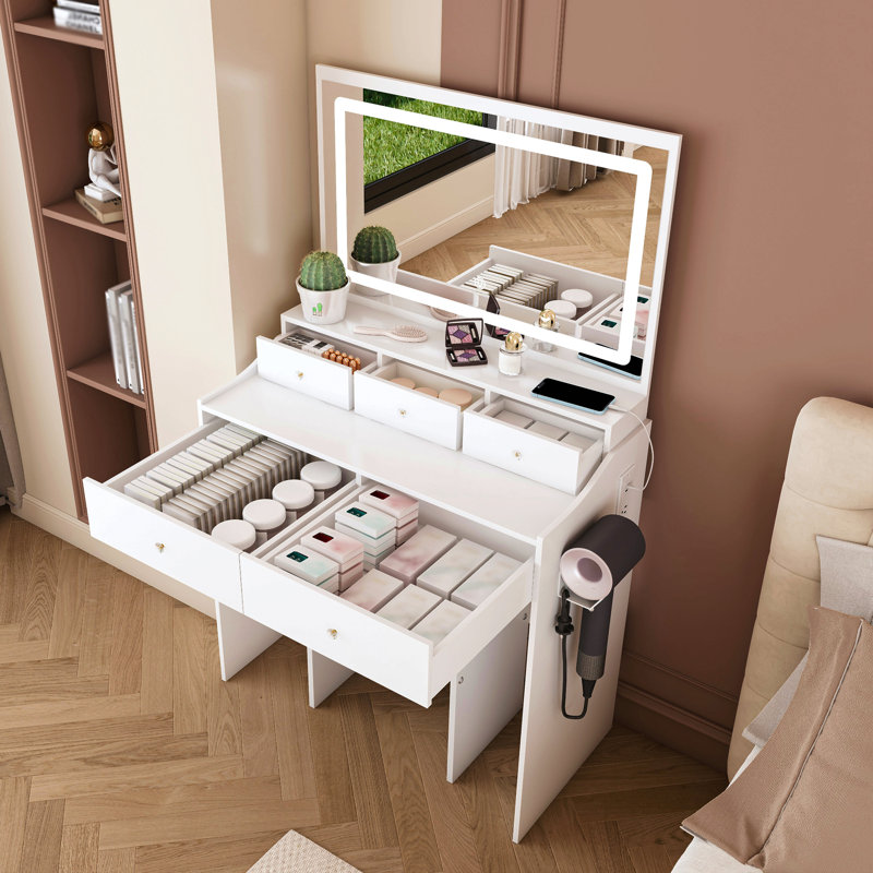 New Large Mirror Vanity Desk For Bed Room  , Modern Makeup Vanity Set With Power Outlet And Hair Dryer Holder, 5 Drawers , 3 Lighting Color Adjustable Dressing Table For Bedroom, White Color