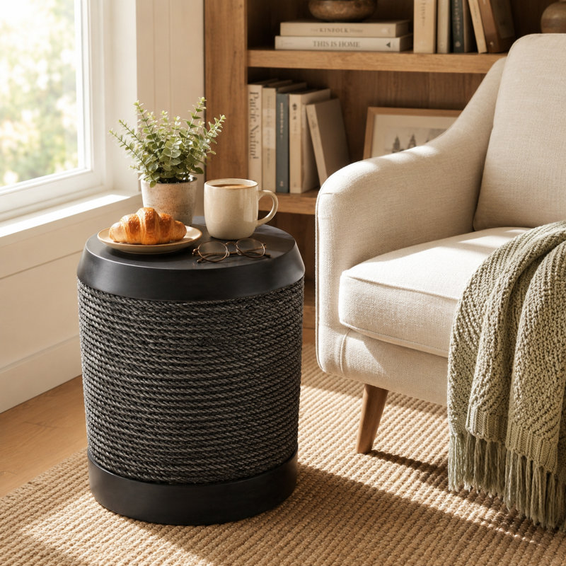 Table d'appoint texturée brun foncé avec plateau rond, style MGO et style rustique
