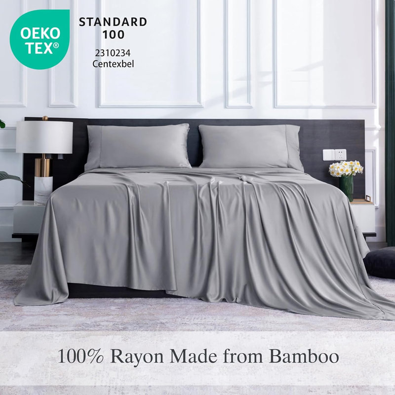 100% Rayon from Bamboo Sheet Set, 16" Deep Pocket Cooling Silky Soft Bed Sheets, Gray, Full Sheet Set  with 2 Pillowcases