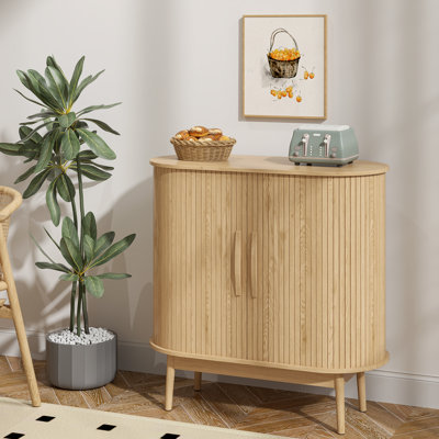 31.49" Oval Sideboard, Farmhouse Buffet With Striped Accent Sliding Door And Adjustable Shelves