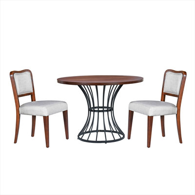 Ensemble de coin-repas de cuisine avec table ronde d'aspect chêne et deux chaises rembourrées, 42 pouces, finition noyer, style rustique-moderne, base noire classique
