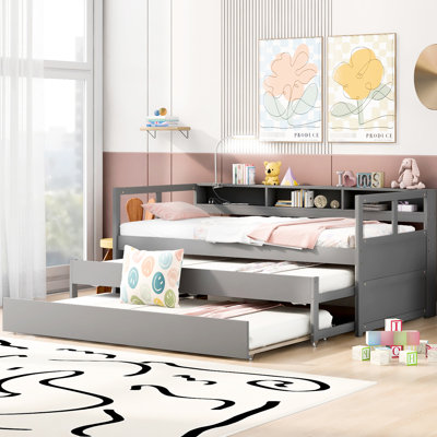 Twin Xl Daybed With 2 Trundles & Charging - Gray Color, 3 Storage , In Trundles, Beneficial