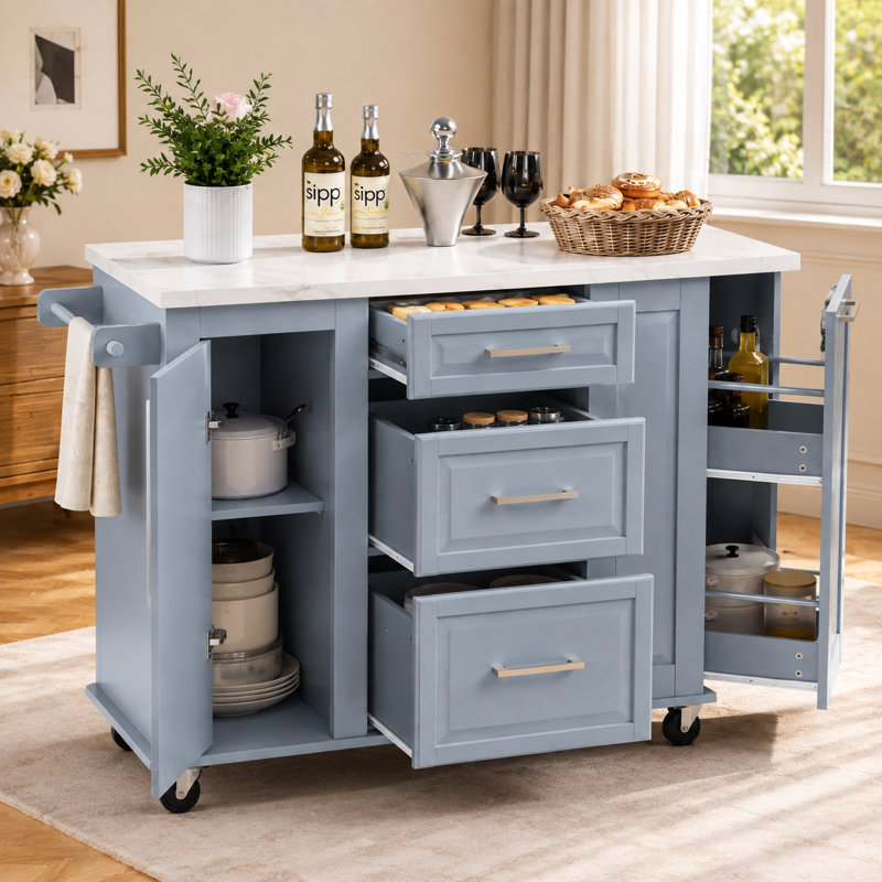 Îlot de cuisine Kavrell 50,7 po avec abattant, chariot de cuisine roulant avec armoire à poubelle inclinable, organisateur coulissant à 2 niveaux, 2 tiroirs, armoire de rangement et roues verrouillables