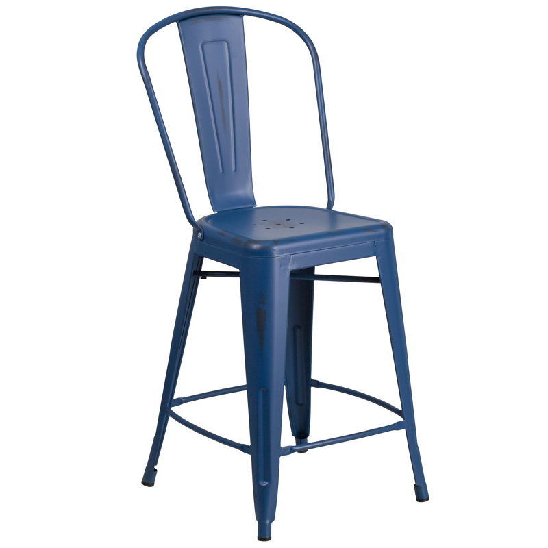 Commercial Grade Metal Indoor-Outdoor Barstool with Back, 2, 71cm, Blue