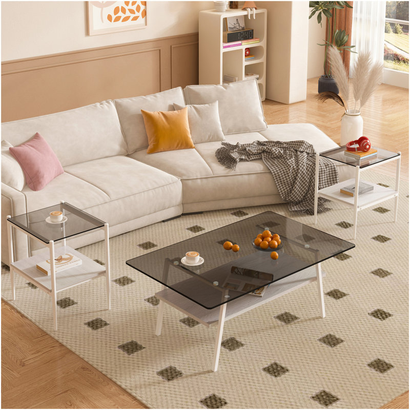 Ensemble de 3 tables basses et tables de bout, table en verre trempé avec panneau de fibres à densité moyenne, tables modernes pour le salon, verre gris
