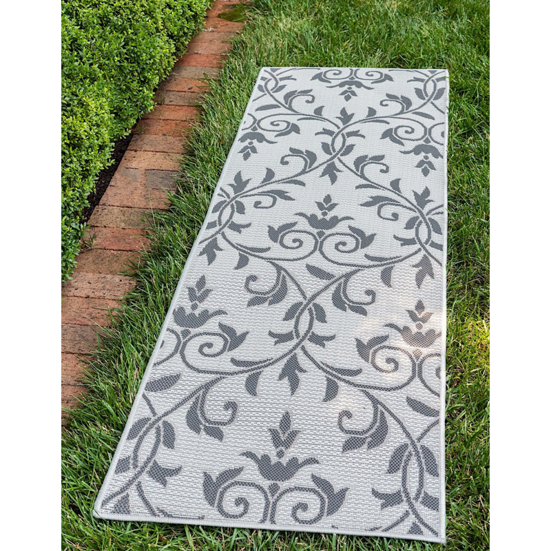 Outdoor Veranda Area Rug Gray Scroll Color, Round 6'