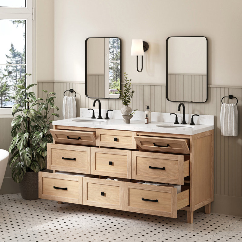 Ariel Monrow 66 Inch Double Oval Sink Bathroom Vanity With Carrara White Quartz Countertop, Oak